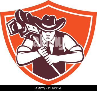 Mascot icon illustration of bust of a cowboy camera operator or cameraman holding a vintage film movie camera viewed from front set in crest shield on Stock Vector