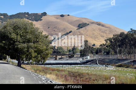 rubber dam #3 fish ladder installation project on Alameda Creek Flood Control channel, Fremont, California, 10/09/2018 Stock Photo