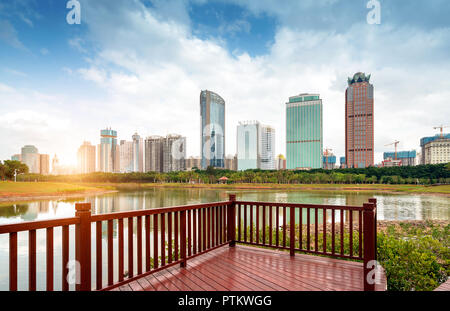 China Haikou Cityscape, high-rise by the lake. Stock Photo