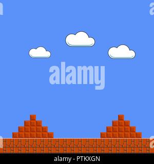 Pixel clouds. Retro 8 bit blue sky aerial cloud pixel art background ...