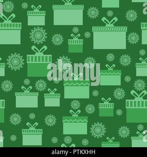 Green Wrapping Christmas Seamless Paper with Boxes and Snowflakes for Gift. Stock Vector