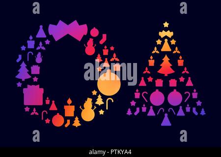 Christmas Wreath and Christmas Tree Silhouettes Made of Related Icons. Merry Christmas, Happy New Year Design Elements. Resource for Creating Postcard Stock Vector