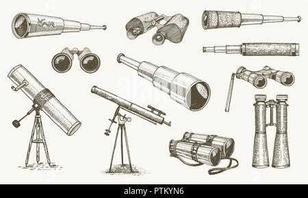 Binoculars or field glasses. Military set. vintage telescopes and optical equipment. engraved hand drawn old line icon. retro sketch style. Concept of active travel, exploration, discovery. Stock Vector
