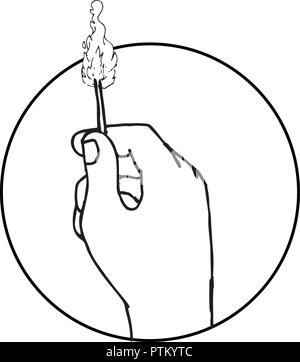 Drawing sketch style illustration of a hand holding a burning matchstick set inside circle on isolated white background. Stock Vector