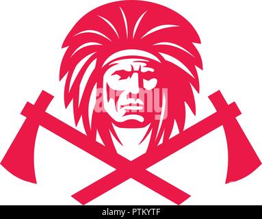 Mascot icon illustration of head of a Native American Indian wearing headdress with crossed tomahawk viewed from front on isolated background in retro Stock Vector