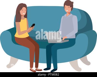 young couple using laptop in the sofa avatar character Stock Vector