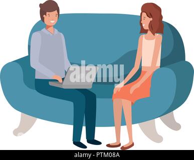 young couple using laptop in the sofa avatar character Stock Vector