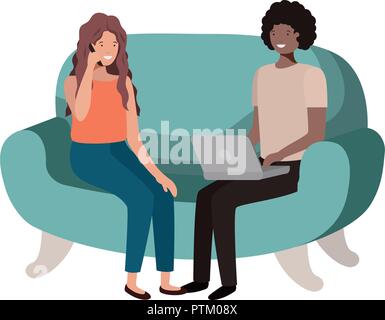 young couple using laptop in the sofa avatar character Stock Vector