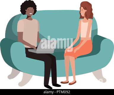 young couple using laptop in the sofa avatar character Stock Vector