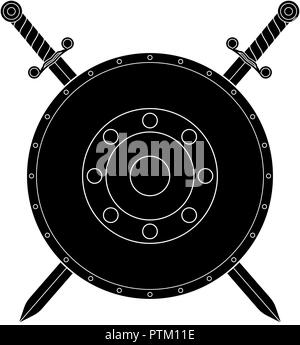 Round shield with swords. Black flat icon Stock Vector