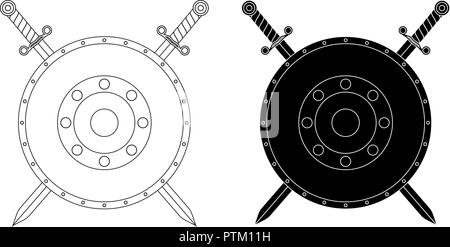 Round shields with swords. Flat icons Stock Vector