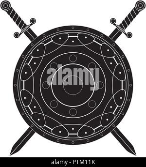 Round shield with swords. Black flat icon Stock Vector