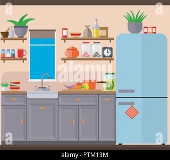 The interior of a simple kitchen with fridge, cabinets and sink. Vector illustration. Stock Vector