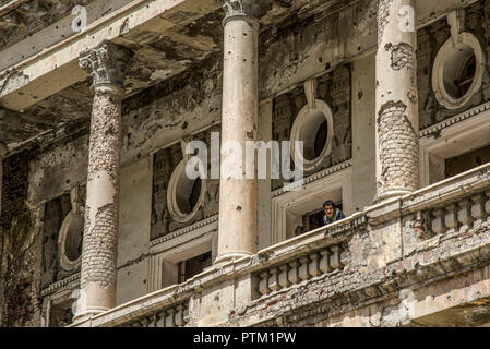 The destroyed ruins of the old royal palace or Darul Aman Palace in Kabul in Afghanistan. Stock Photo