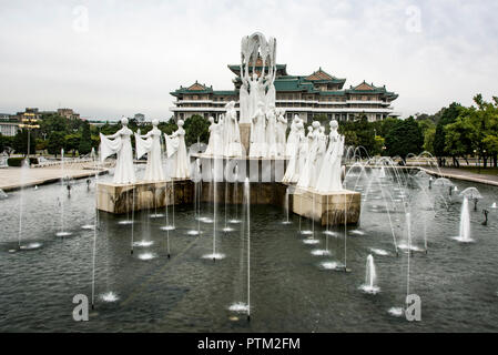 Fountains by the Grand People's Study House in Pyongyang in North Korea. Stock Photo