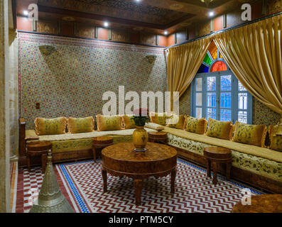 ESSAOUIRA, MOROCCO - CIRCA MAY 2018:  Entrance and lobby of the Riad Mimouna in Essaouria, Morocco. This is an oceanside Riad and very popular tourist Stock Photo