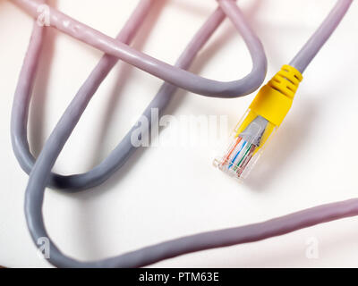 Yellow and gray ethernet cable isolated on white background. Stock Photo