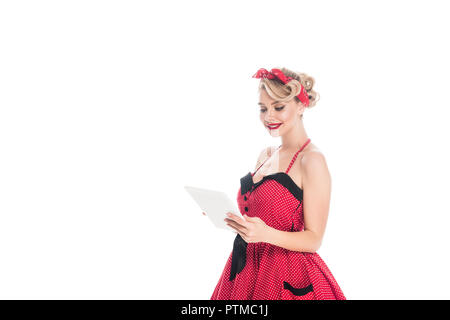 Digital tablet and pin up girl. Attractive pin up lady with tablet