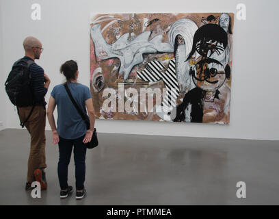 New York, USA. 09th Oct, 2018. Visitors will view Charline von Heyl's 'Vandals Whithout Sandals' at the Petzel Gallery in southwest Manhattan. The Mainz-born artist has inspired US critics with her new exhibition in New York. Credit: Christina Horsten/dpa/Alamy Live News Stock Photo