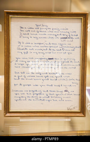 London UK. 10th October 2018. The original handwritten lyrics to Elton John's 'Your Song  which was written by Bernie Taupin in 1970 as part of the Bonhams Rock and Roll Memorabilia sale Credit: amer ghazzal/Alamy Live News Stock Photo