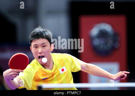 Buenos Aires, Argentina. 9th Oct, 2018. Tomokazu Harimoto (JPN) Table Tennis : Men's Singles quarter-final during Buenos Aires 2018 Youth Olympic Games at TECNOPOLIS PARK in Buenos Aires, Argentina . Credit: Naoki Nishimura/AFLO SPORT/Alamy Live News Stock Photo