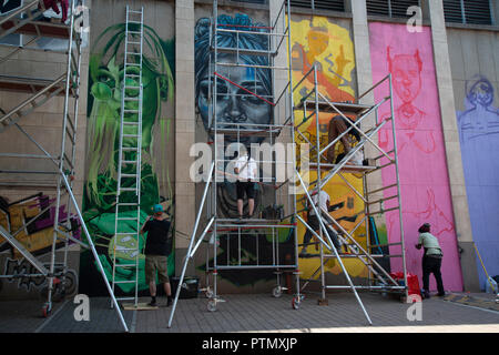 Johannesburg, South Africa, Oct. 10, 2018. An artists paint murals in downtown Johannesburg as the annual 'City Of Gold' Urban Art Festival kicked off its graffiti street tour in Johannesburg today.  Labelled vandalism by some, the festival highlights the positive aspects of this art form and seeks to increase the appreciation for it among the general public.   These mural projects often enhance and active sites in the Johannesburg inner-city area that are either forgotten or feared by the city's inhabitants, organizers said. Credit: Eva-Lotta Jansson/Alamy Live News