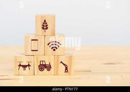 smart farm or agriculture futuristic technology concept, wooden cube icon connect, icon including wireless wifi, ai or artificial intelligence, cloud, Stock Photo