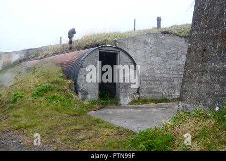 An abandoned World War Two U.S. military bunker at Fort Schwatka on Mount Ballyhoo, Amaknak Island, Unalaska, Aleutian Islands, Alaska, USA. Stock Photo
