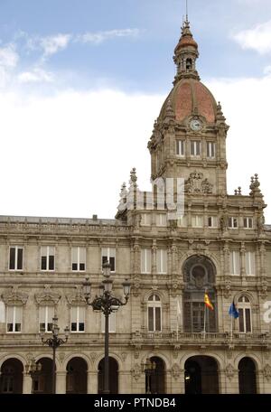 La Coruna, Galicia, Spain. Municipal palace (Town Hall). It was built  by Julio Galan Carvajal (1875-1939) and Pedro Marino (1865-1931), 1904-1912. Eclectic style. Maria Pia Square. Partial view of the facade. Stock Photo