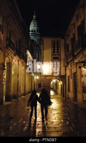 Spain. Galicia. Santiago de Compostela. Rua do Vilar (Do Vilar Street). Old town, night view. Stock Photo