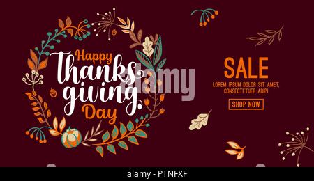 Hand drawn Happy Thanksgiving typography in autumn wreath banner. Celebration text with berries and leaves for postcard, icon or badge. Vector calligraphy lettering holiday quote Stock Vector