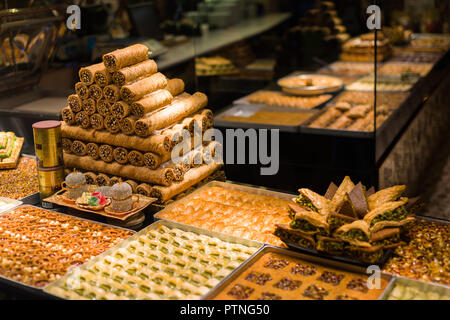 Various Turkish baklava on display in a restaurant window, Istanbul, Turkey Stock Photo