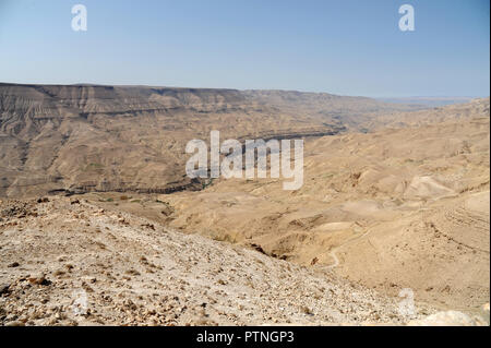 panoramic view from the King's Highway, which swoops over the high ridge of the Great Rift Valley. in Jordan Stock Photo