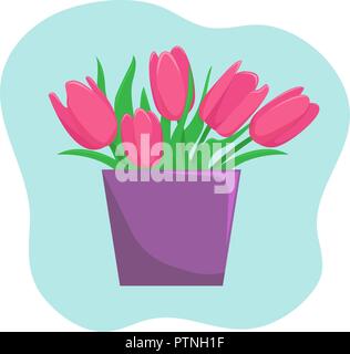 Vase with pink tulips. Flat vector illustration. Stock Vector
