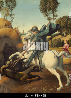 Saint George and the Dragon. Date/Period: Ca. 1506. Painting. Oil on panel. Height: 285 mm (11.22 in); Width: 215 mm (8.46 in). Author: RAPHAEL. Stock Photo