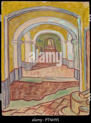 Corridor in the Asylum. Artist: Vincent van Gogh (Dutch, Zundert 1853-1890 Auvers-sur-Oise). Dimensions: 25 5/8 x 19 5/16in. (65.1 x 49.1cm). Date: September 1889.  This haunting view of a sharply receding corridor is the artist's most powerful depiction of the asylum of Saint-Paul-de-Mausole in St. Rémy, where he spent twelve months near the end of his life and where he painted the Museum's oils of olive groves, cypresses, roses, and irises ('Women Picking Olives' (1995.535.44); 'Olive Orchard' (1998.325.1); 'Cypresses' (49.30); 'Wheat Field with Cypresses' (1993.132); 'Irises' (58.187); 'Vas Stock Photo