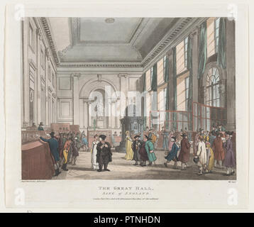 The Great Hall, Bank of England (Microcosm of London, plate 7). Artist: Designed and etched by Thomas Rowlandson (British, London 1757-1827 London); Designed and etched by Auguste Charles Pugin (British (born France), Paris 1768/69-1832 London); Aquatint John Hill (American (born England), London 1770-1850 Clarksville, New York). Dimensions: Sheet: 9 3/4 x 11 1/2 in. (24.7 x 29.2 cm)  Plate: 9 1/4 x 10 7/8 in. (23.5 x 27.7 cm). Publisher: Rudolph Ackermann, London (active 1794-1829). Series/Portfolio: Microcosm of London. Date: February 1, 1808. Museum: Metropolitan Museum of Art, New York, US