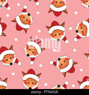 Red Fox Santa Claus on Pink Christmas Background. Vector Illustration. Stock Vector