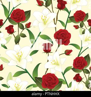 Red Rose and White Lily Flower Seamless Christmas Beige Ivory Background. Vector Illustration. Stock Vector