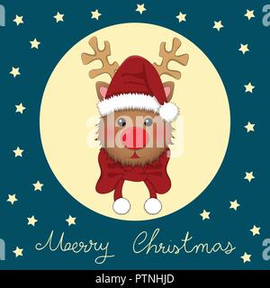 Reindeer Santa with Red Scarf on Blue Christmas Greeting Card. Vector Illustration. Stock Vector