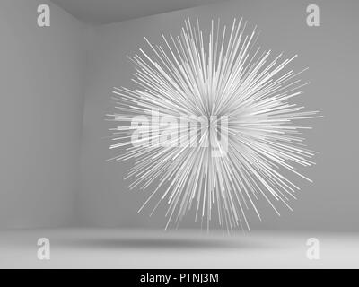 Abstract exploded star shaped white object flying in empty room, 3d render illustration Stock Photo