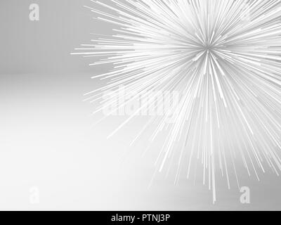 Abstract chaotic star shaped white object flying in empty room, 3d render illustration Stock Photo