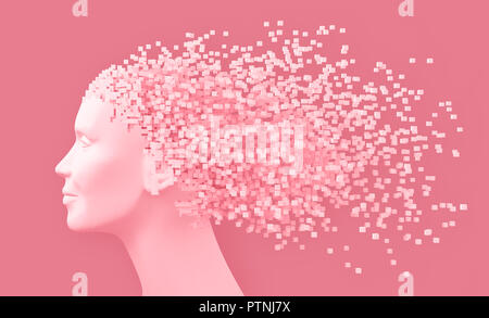 Head Of Woman And 3D Pixels As Hair On Pink Background. 3D Illustration. Stock Photo