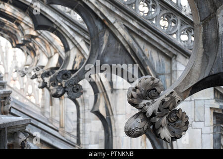 Milan, Italy. Photo taken high up in the terraces of Milan Cathedral / Duomo di Milano, showing the gothic architecture in detail.