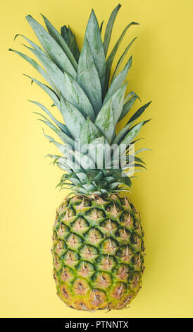 A whole, fresh pineapple with textured and patterned skin on a yellow background Stock Photo