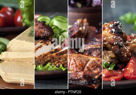 Collage of meat dishes and includes dishes of pork ribs and chicken Stock Photo