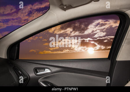 Heavenly landscape behind  car window Stock Photo