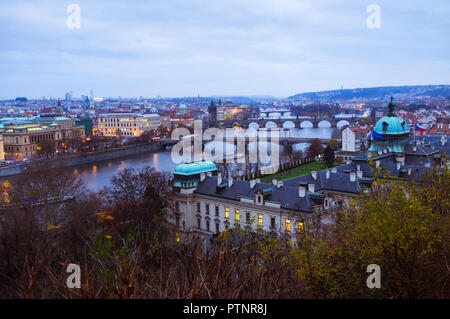 Prague, Czech Republic : High angle view of the bridges over the River Vltava, as seen from Letná hill. Stock Photo
