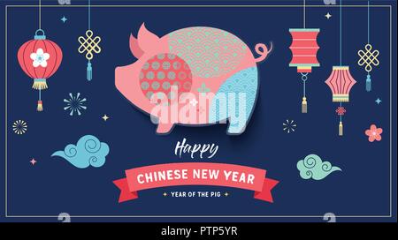 Happy Chinese new year 2019, the year of pig. Vector banner Stock Vector