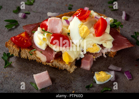 Bitten open sandwiches with boiled eggs, cheese, tomatoes and smoked meat - close up view Stock Photo